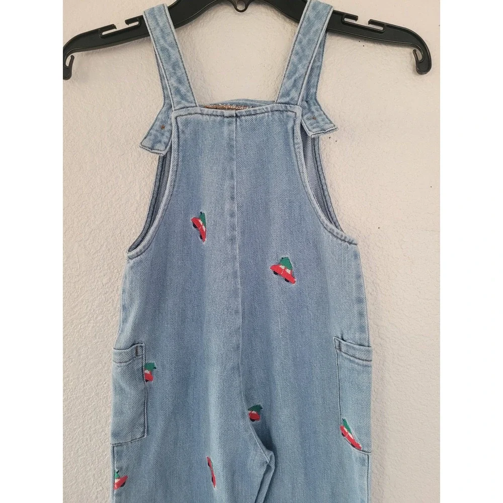 Mini Boden Kids Denim‎ Christmas Tree Car Embroidered Overalls 3-4Y Holiday #7
